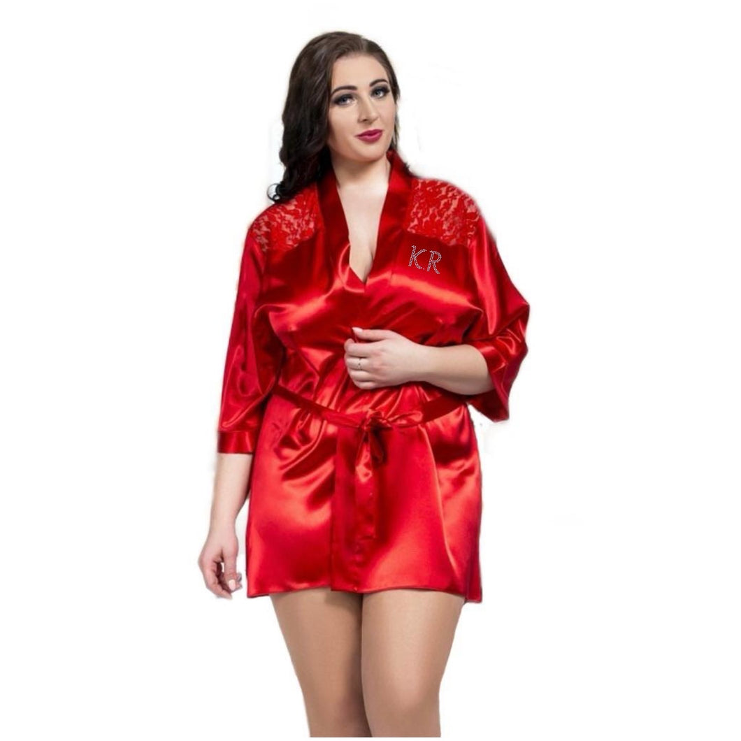 ‘Lacey Nights’ Short Satin Robe with Crystal Initials - CheriAmore